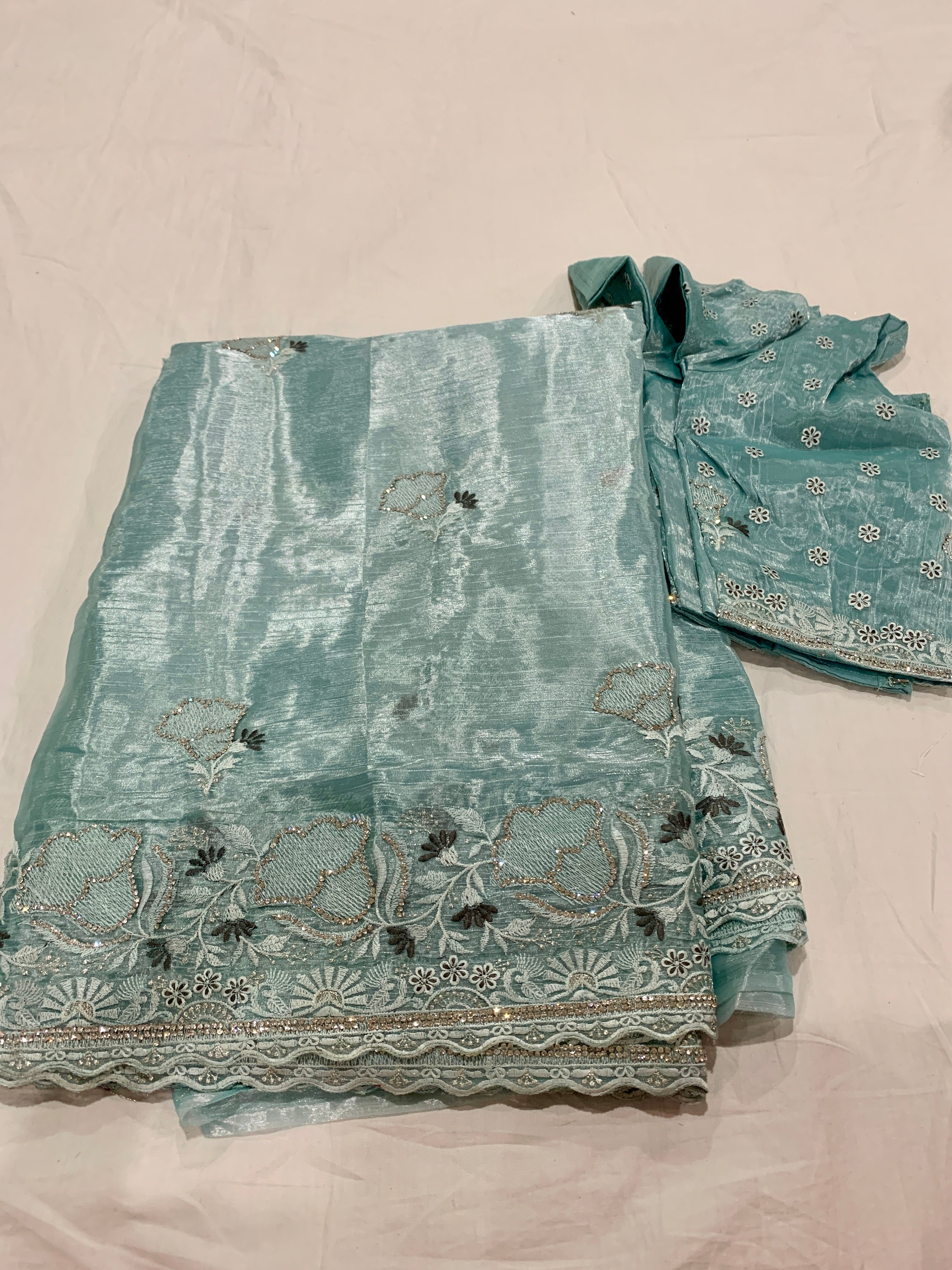 Banarasi Tissue silk saree in sky blue with stitched blouse