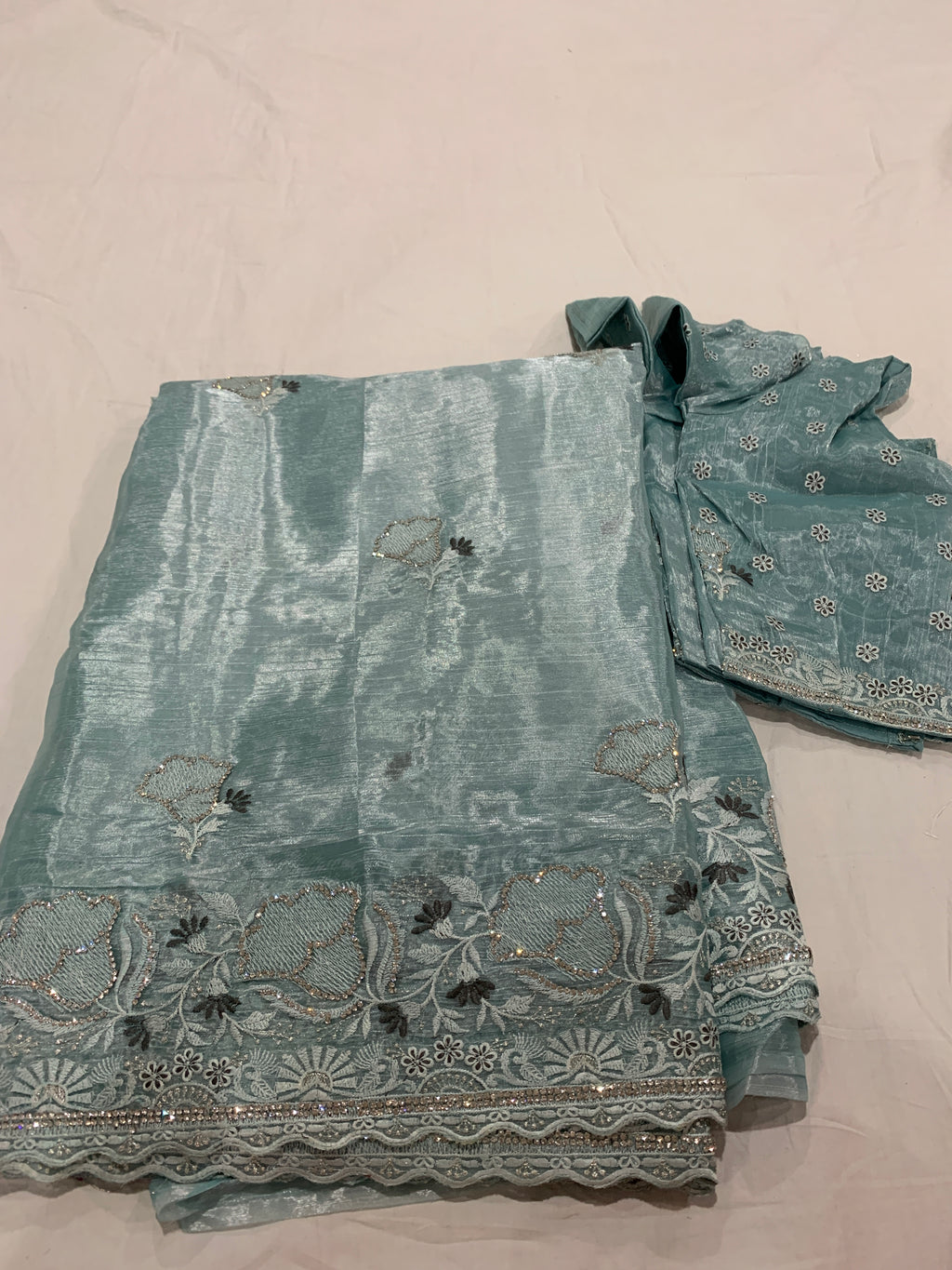 Banarasi Tissue silk saree in sky blue with stitched blouse