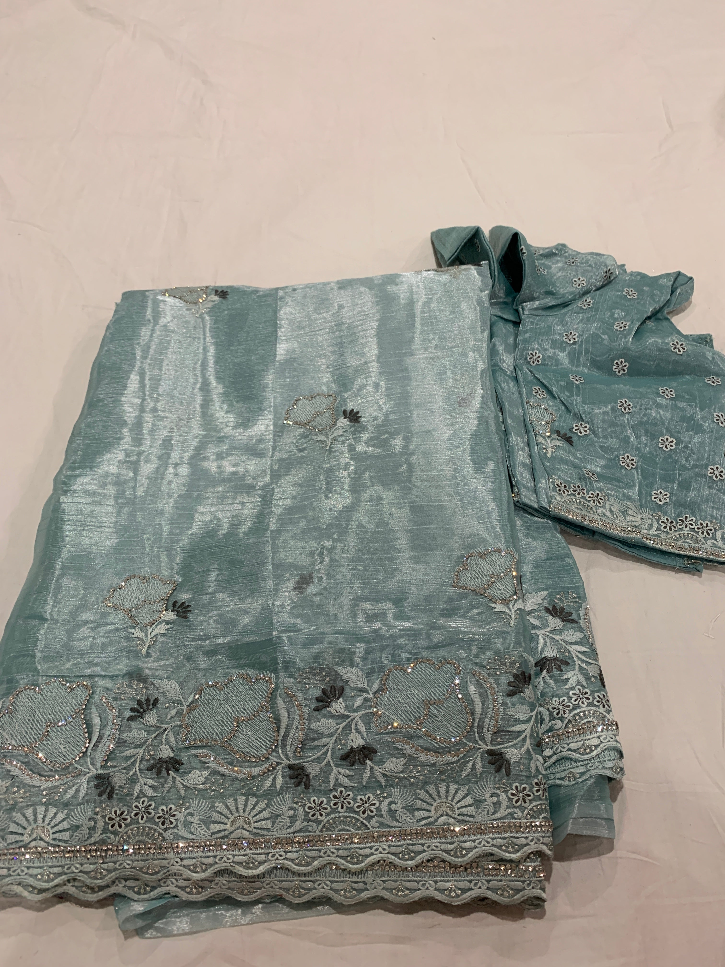 Banarasi Tissue silk saree in sky blue with stitched blouse