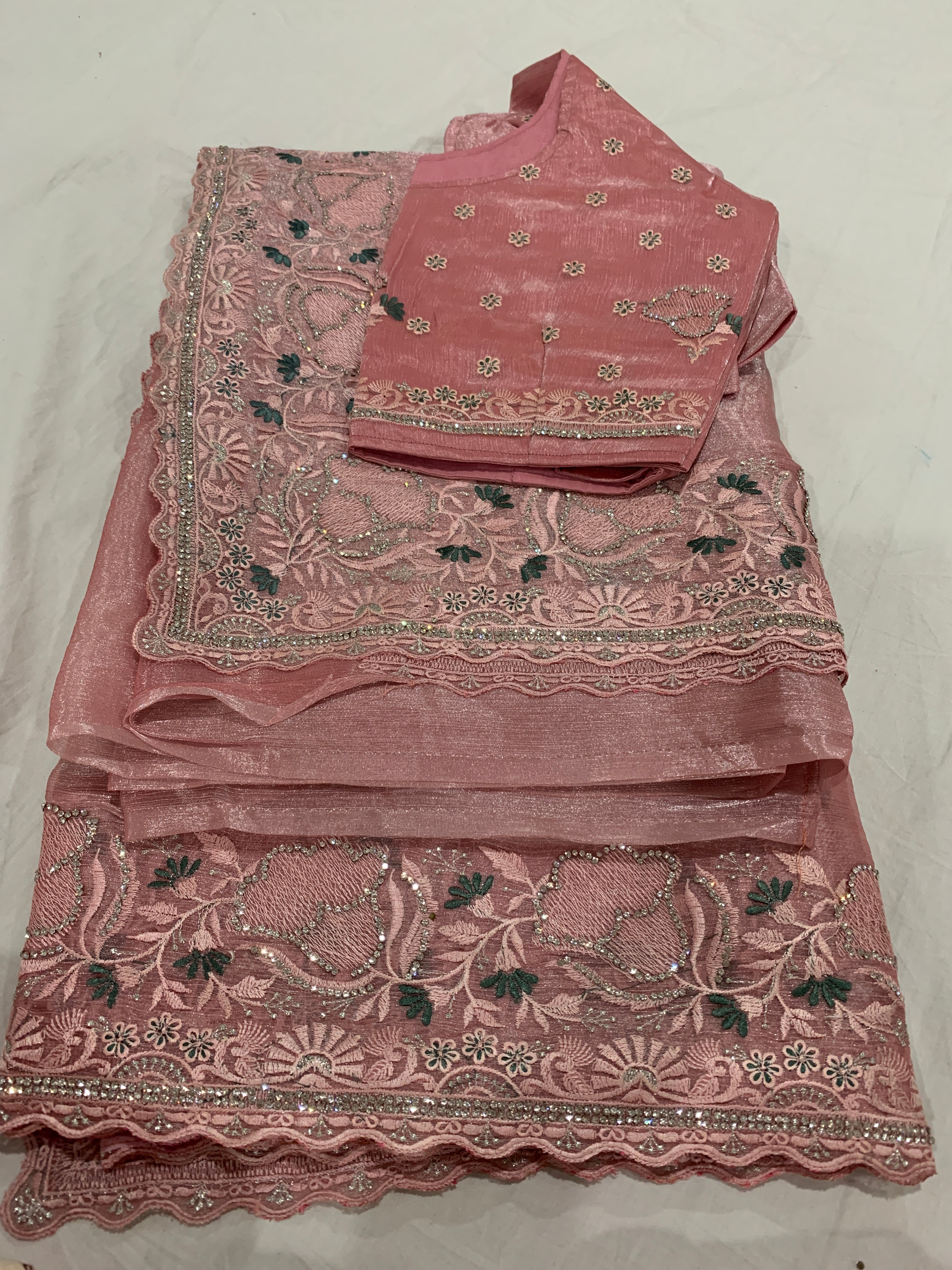 Banarasi Tissue silk Saree in onion pink with stiched blouse
