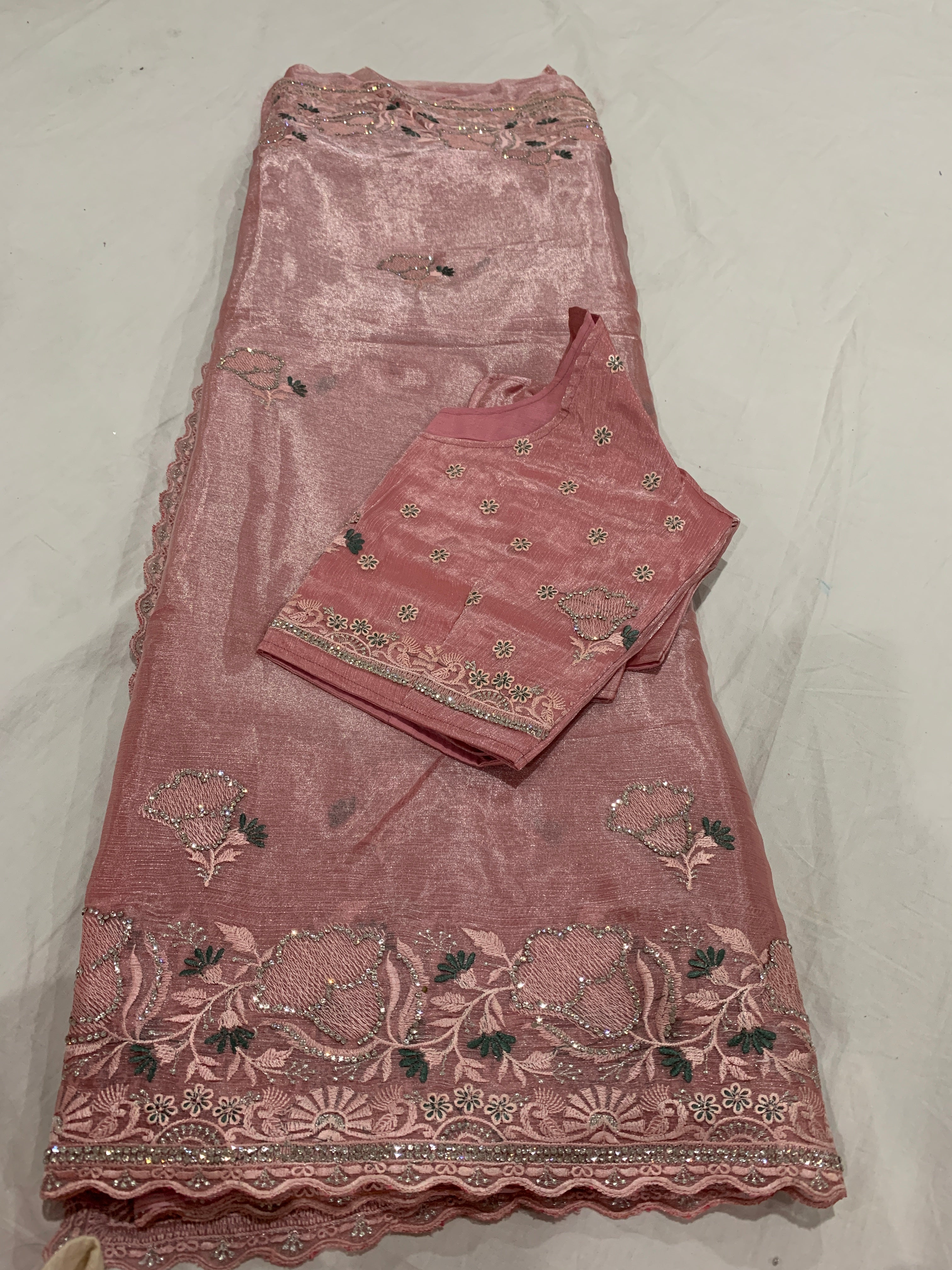 Banarasi Tissue silk Saree in onion pink with stiched blouse