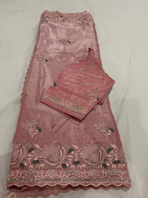 Banarasi Tissue silk Saree in onion pink with stiched blouse