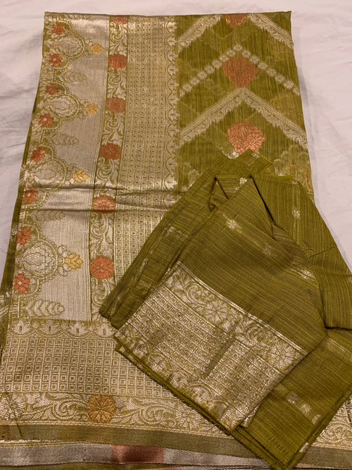 Banarasi linen saree with zari border with matching stitched blouse.