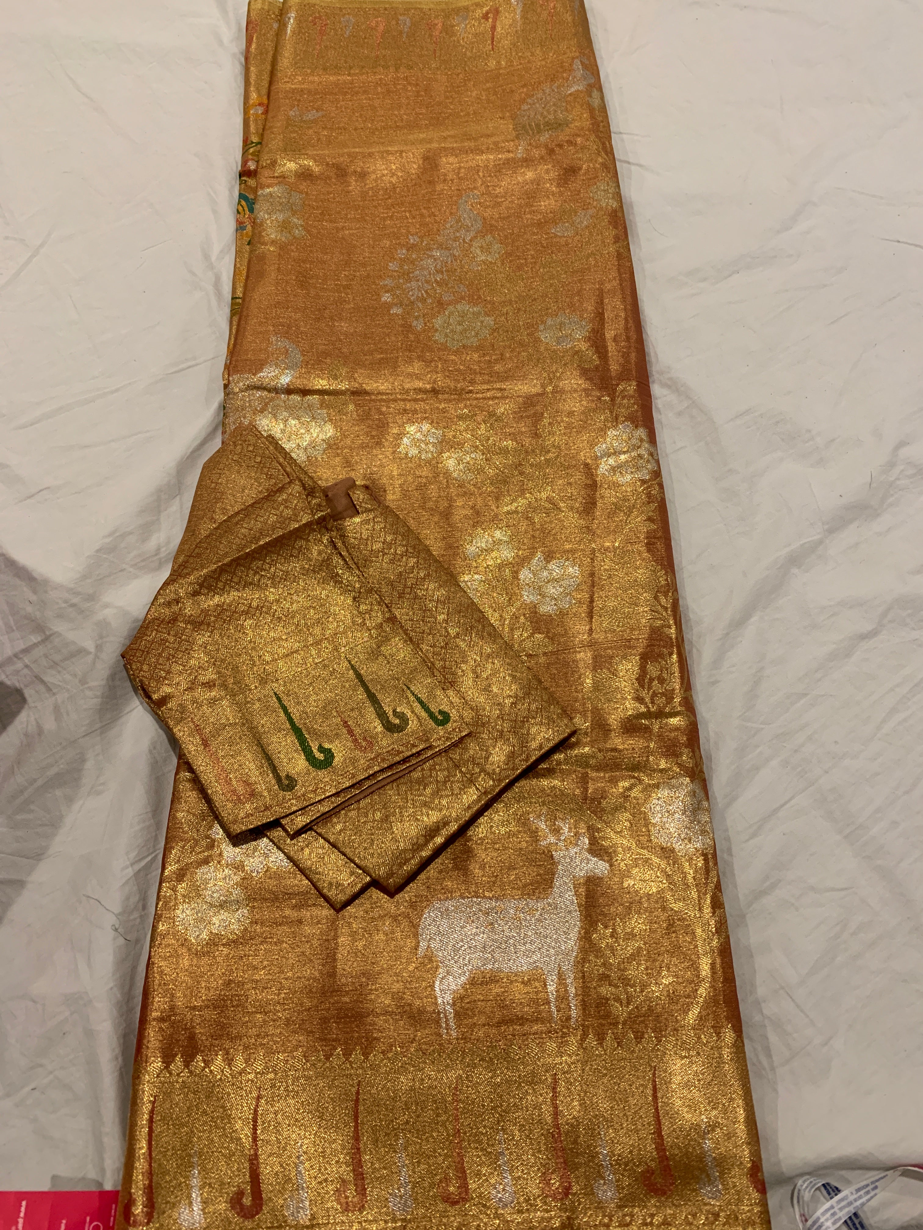 Banarasi saree in golden with paintings & matching stitched blouse