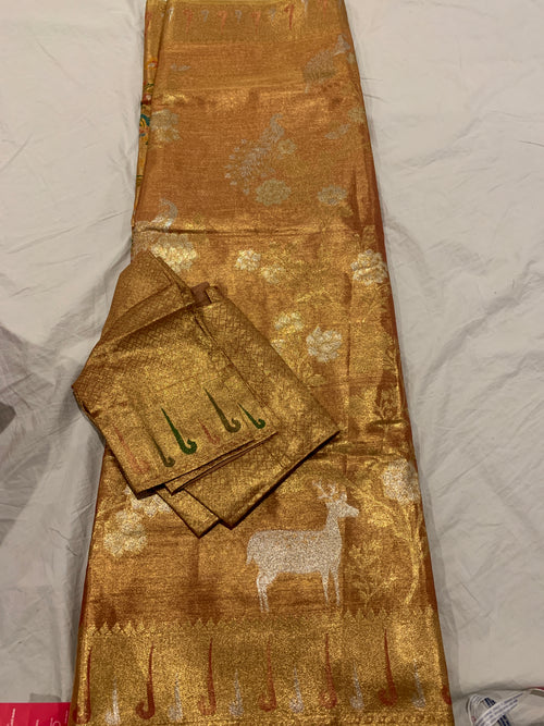 Banarasi saree in golden with paintings & matching stitched blouse