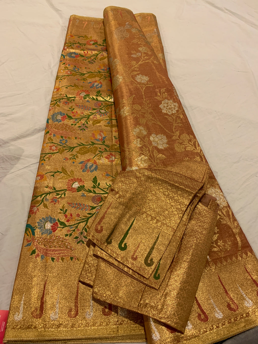 Banarasi saree in golden with paintings & matching stitched blouse