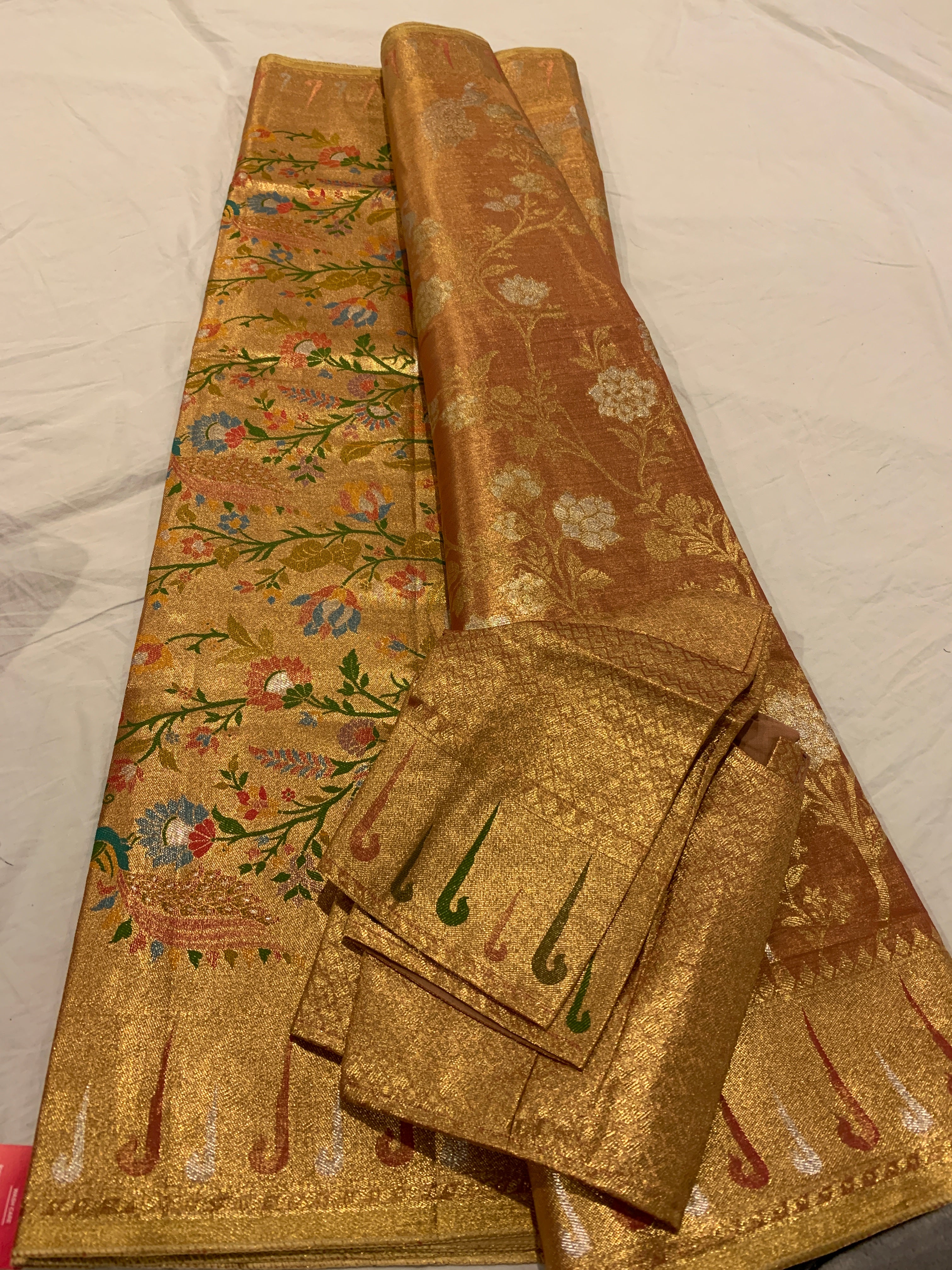 Banarasi saree in golden with paintings & matching stitched blouse